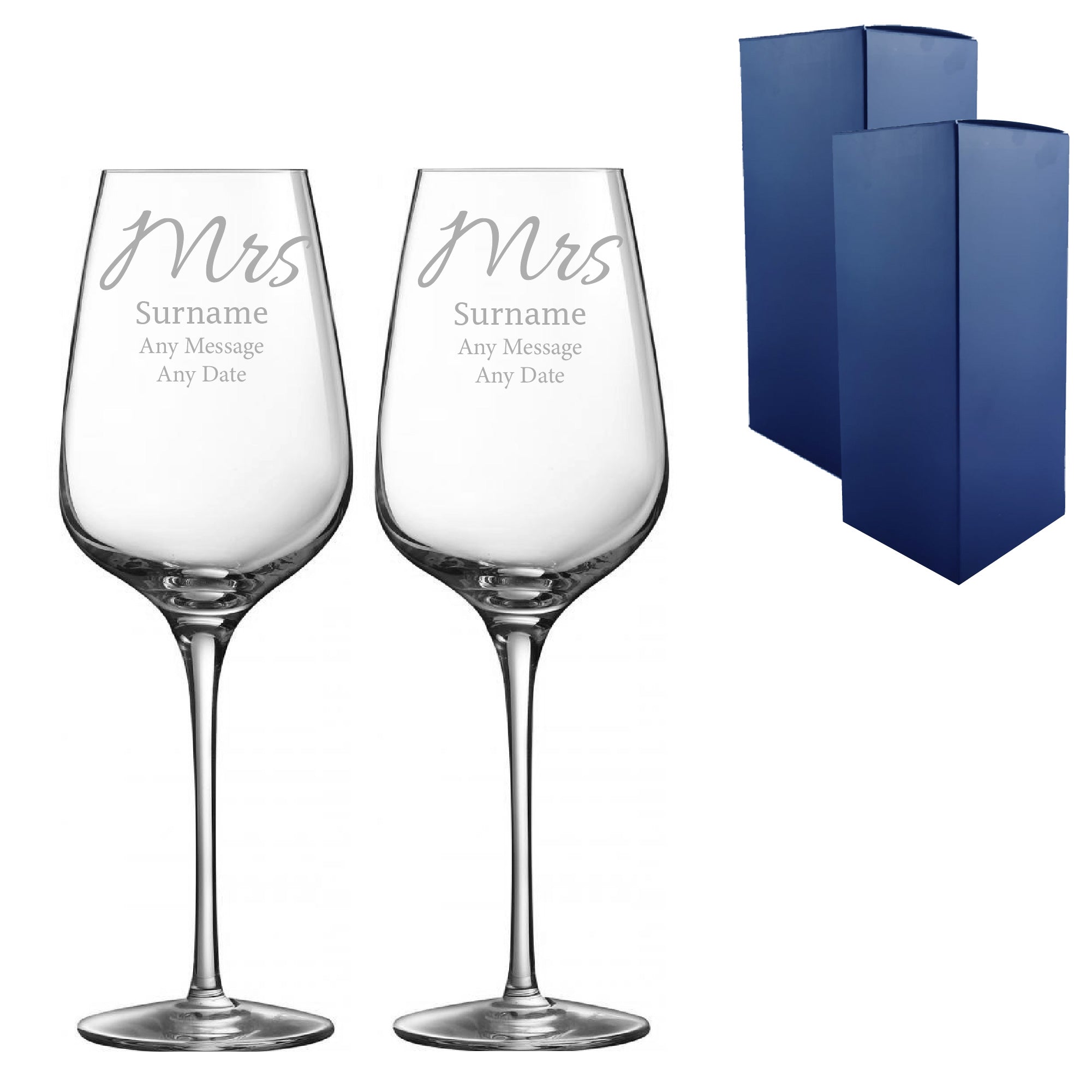Engraved Mrs and Mrs Sublym Wine Glasses, 15.8oz/450ml, Elegant Font ...